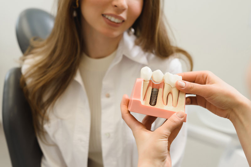 Dental Patient Getting Shown A Dental Implant Model During Her Consultation in Plymouth, MN