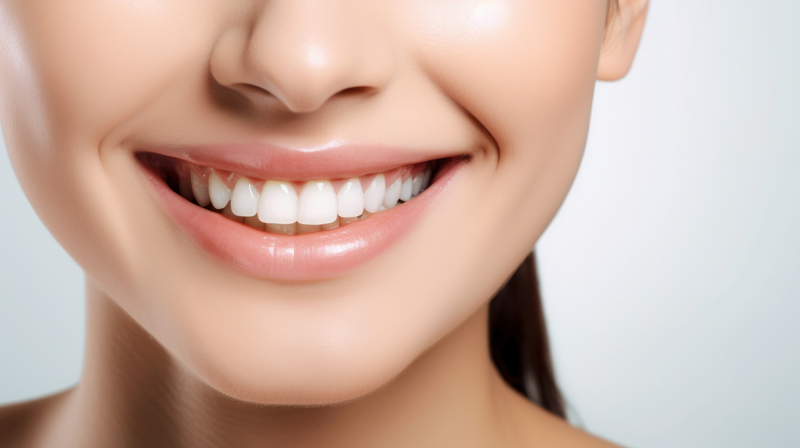 A close-up photo a girls perfectly straight and white smile after cosmetic dentistry