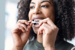 Woman wearing orthodontic silicone trainer. Invisible braces aligner.